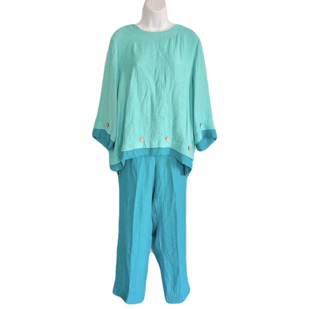 Vintage Norm Thompson Aqua/Turquoise, Buttons, Layered Lounge Set, Size M/L